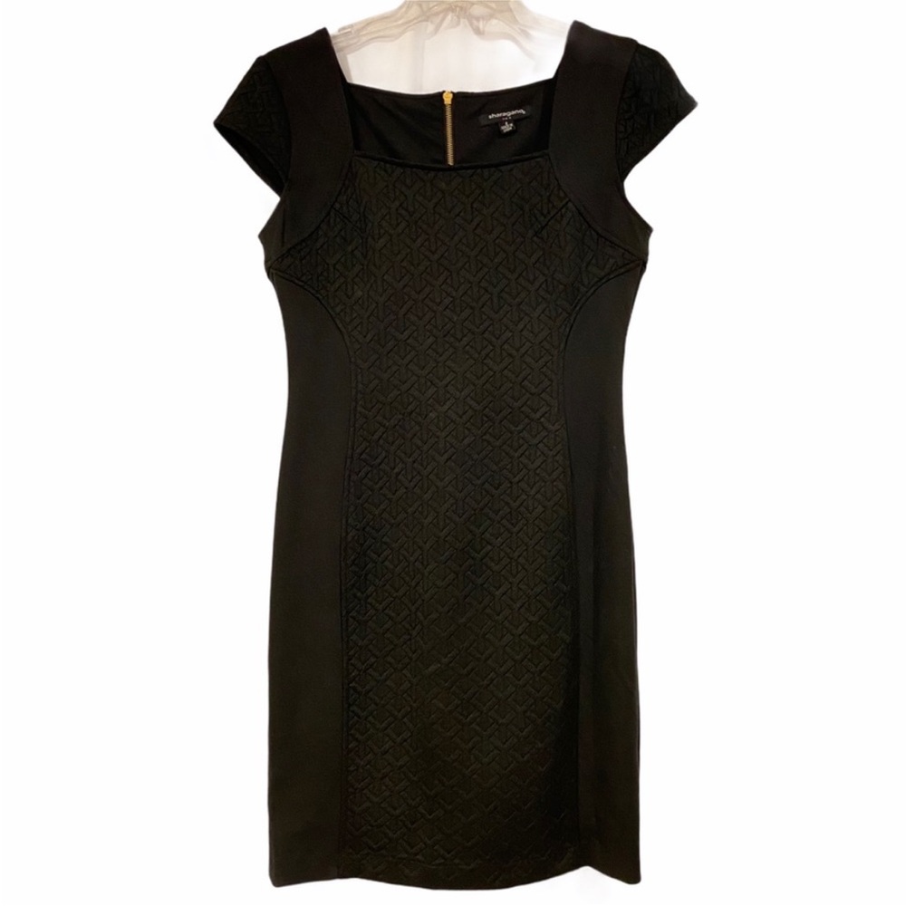 Sharagano Quilted Cap Sleeve Black Sheath Dress 8 B117